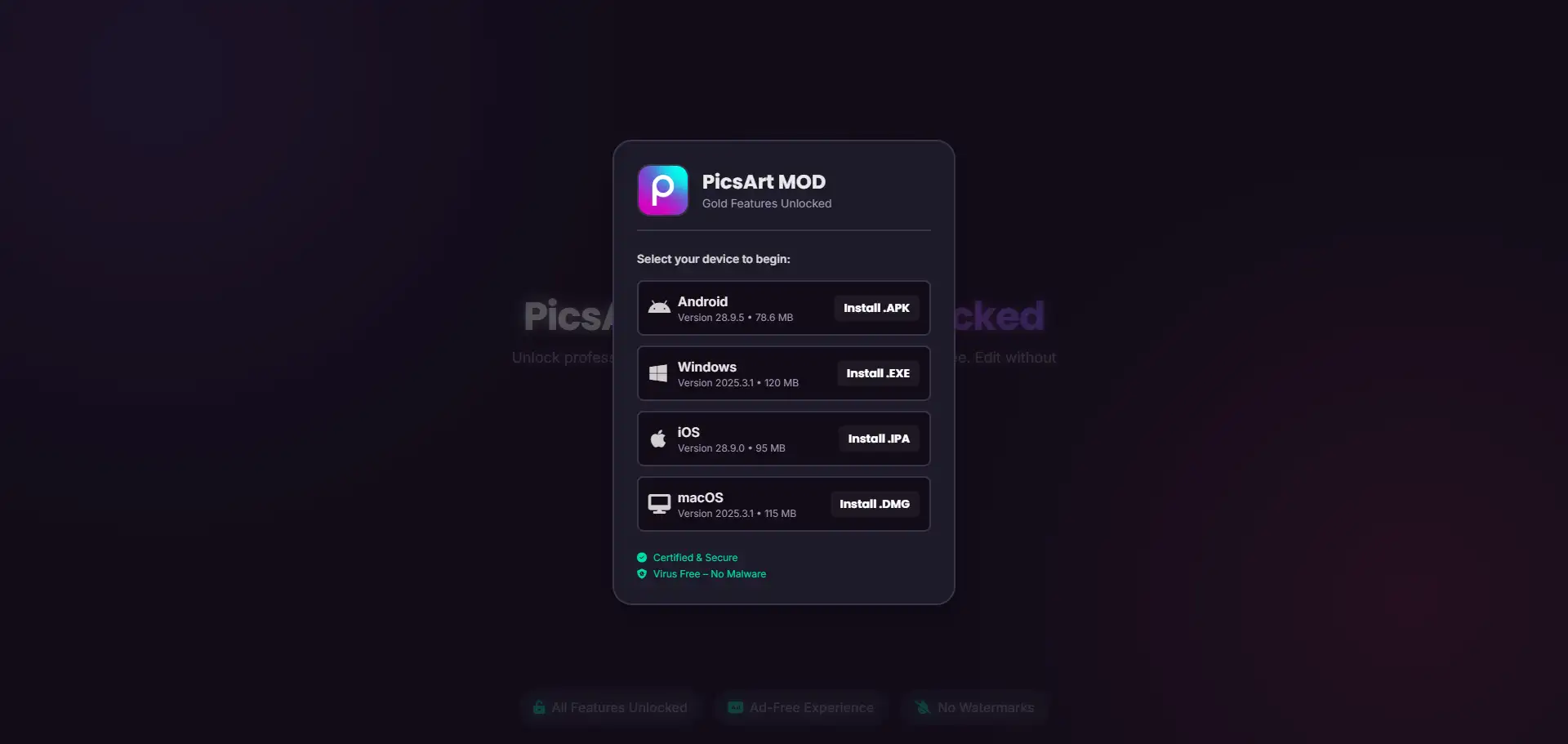 Screenshot of the PicsArt MOD APK interface showing the vast library of unlocked premium filters and effects available for free.